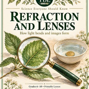 Può includere: Un poster educativo intitolato Science Everyone Should Know: REFRACTION AND LENSES. Presenta una lente d'ingrandimento su una foglia verde e una ciotola d'acqua con una moneta. Il testo include Grades 6-10, Printable Lesson e Trades by Laura.