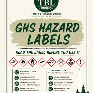 May include: An educational poster titled GHS HAZARD LABELS, READ THE LABEL BEFORE YOU USE IT. It features eight red-bordered hazard pictograms, a 45-60 minute lesson outline, applied practice sections, and text for grades 9-12 and 8-12 CTE programmes.