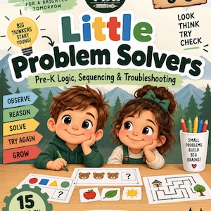 Puede incluir: Una portada de libro de actividades educativas Little Problem Solvers con dos niños dibujados en una mesa con acertijos lógicos, formas y un laberinto. El texto incluye "Real World Little Learners", "Ages 3-5", "Pre-K Logic, Sequencing & Troubleshooting" y "15 Hands-on Activities".