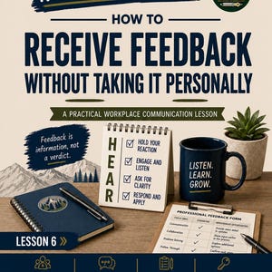 Puede incluir: Una lección de comunicación laboral titulada Nobody Taught Me This! How to Receive Feedback Without Taking It Personally. Incluye un cuaderno de espiral, un calendario de escritorio con el acrónimo HEAR, una taza azul y un formulario de feedback.