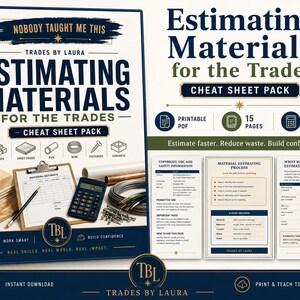 Könnte beinhalten: Ein digitales Produkt mit dem Titel Estimating Materials for the Trades Cheat Sheet Pack von Trades by Laura. Das Cover zeigt Text, Symbole für Holz, Rohre und Befestigungselemente, ein Klemmbrett, einen Taschenrechner und Draht. Enthält 15 PDF-Seiten.