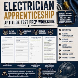 May include: An Electrician Apprenticeship Aptitude Test Prep Workbook featuring a 51-page printable PDF and editable Word version. The cover includes math and reading practice tests, answer sheets, explanations, a study plan, and a progress tracker.