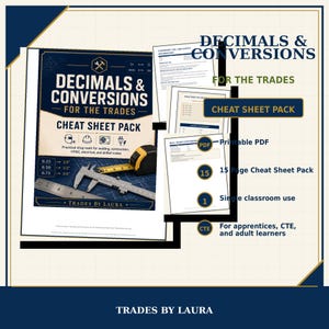 Könnte beinhalten: Ein 15-seitiges Decimals & Conversions for the Trades Spickzettel-Paket mit blauem Deckblatt, das ein Maßband und einen Messschieber zeigt. Das Dokument enthält praktische Werkstattmathematik für Schweißen, Bauwesen, HLK und Elektroberufe von Trades by Laura.