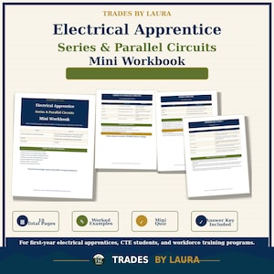 Könnte beinhalten: Ein Electrical Apprentice Series & Parallel Circuits Mini-Arbeitsbuch von Trades by Laura. Das Set enthält 19 Seiten, ausgearbeitete Beispiele, ein Mini-Quiz und einen Lösungsschlüssel. Die Seiten zeigen Tabellen und Texte zu Stromkreisen.