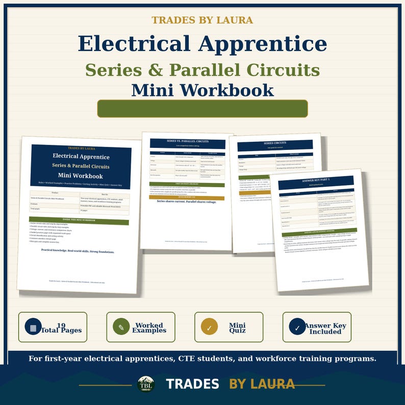 May include: An Electrical Apprentice Series & Parallel Circuits Mini Workbook by Trades by Laura. The document set includes 19 pages, worked examples, a mini quiz, and an answer key. The pages feature tables and text regarding electrical circuits.