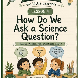 May include: An educational poster titled Big Science for Little Learners Lesson 4 How Do We Ask a Science Question? featuring three children at a desk with thought bubbles saying I notice, I wonder, and I can ask a question, plus school supplies.
