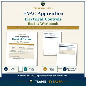 以下が含まれることがあります： Trades by LauraによるHVAC Apprentice Electrical Controls Basics Workbookは、20ページの教育用ドキュメントです。制御電圧、サーモスタット、リレー、コンタクタ、安全装置に関する内容で、印刷可能なPDFおよび編集可能なDOCXファイルが含まれています。
