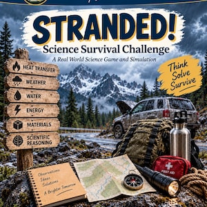 May include: A Stranded! Science Survival Challenge game cover featuring a wooden signpost with icons for heat transfer, weather, water, energy, materials, and scientific reasoning. Includes a notebook, map, compass, flashlight, and first aid kit.
