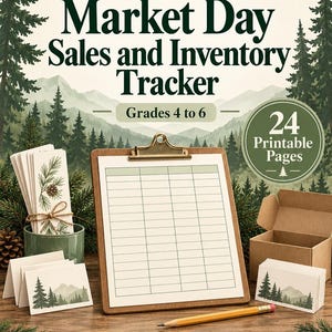 May include: A Market Day Sales and Inventory Tracker digital PDF download with 24 printable pages. The set includes a clipboard with a blank grid, stacks of cards with pine tree illustrations, a small cardboard box, and a yellow pencil.