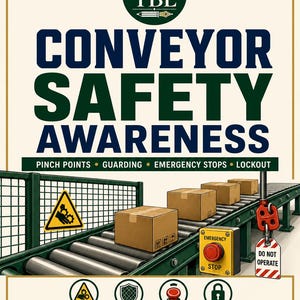 May include: A Conveyor Safety Awareness educational poster featuring a green and white colour scheme. It displays a conveyor belt with cardboard boxes, a yellow pinch point warning sign, a red emergency stop button, and a Do Not Operate tag.