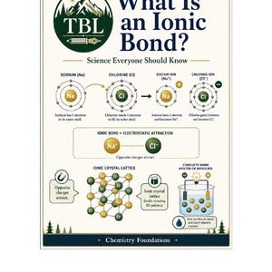 Op de afbeelding: Een educatieve poster met de titel What Is an Ionic Bond? Science Everyone Should Know. Het bevat diagrammen die de elektronenoverdracht tussen natrium en chloor, de vorming van ionen, elektrostatische aantrekking en geleidbaarheid uitleggen.