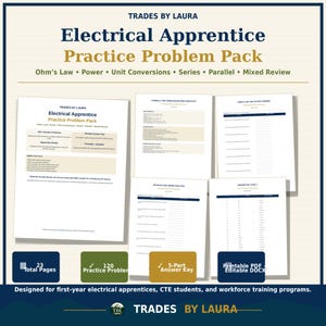 May include: An Electrical Apprentice Practice Problem Pack by Trades by Laura featuring 23 pages of printable and editable documents. Includes 120 practice problems covering Ohm's Law, power, unit conversions, series, parallel, and mixed review topics.