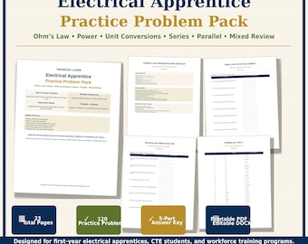 Electrical Apprentice Practice Problem Pack | Ohm’s Law, Power, Circuits, Printable PDF, Editable DOCX