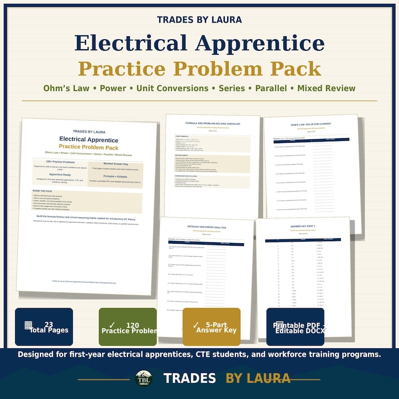 Puede incluir: Un paquete de problemas de pr&aacute;ctica para aprendices de electricista de Trades by Laura con 23 p&aacute;ginas imprimibles y editables. Incluye 120 problemas sobre la ley de Ohm, potencia, conversiones de unidades, circuitos en serie y paralelo.