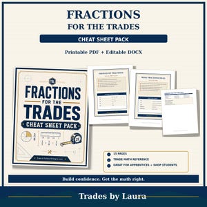 Könnte beinhalten: Ein digitales Spickzettel-Paket mit dem Titel Fractions for the Trades, bestehend aus einem druckbaren PDF und einem bearbeitbaren DOCX. Das Dokument enthält 15 Seiten mit mathematischen Referenzen, Bruchdiagrammen und Maßbändern.