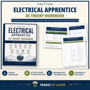 Könnte beinhalten: Ein DC-Theorie-Arbeitsbuch für Elektriker-Lehrlinge im ersten Lehrjahr mit einer Berg-Grafik und Symbolen für Spannung, Ohmsches Gesetz und Schaltkreise auf dem Einband. Enthält Beispielseiten zu Gleichstromgrundlagen und einen Lösungsschlüssel.