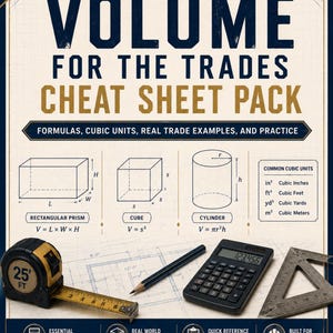 以下が含まれることがあります： Volume for the Trades Cheat Sheet Packの教育用ポスター。直方体、立方体、円柱の幾何学公式が記載されています。25フィートのメジャー、鉛筆、電卓、三角定規が設計図の背景の上に配置されています。