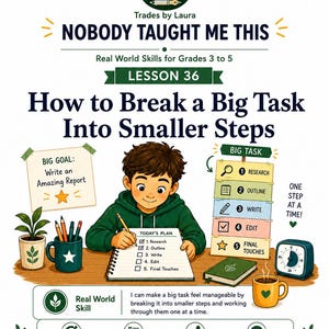 May include: An educational poster titled NOBODY TAUGHT ME THIS Lesson 36 How to Break a Big Task Into Smaller Steps. It features an illustration of a person writing in a notebook, surrounded by a goal list, a task chart, a plant, a mug, and a timer.