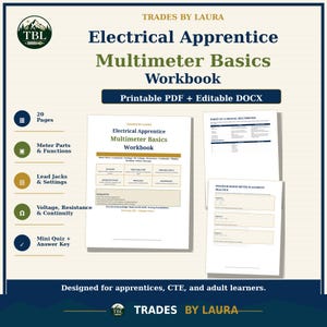 May include: A digital workbook titled Electrical Apprentice Multimeter Basics, featuring printable PDF and editable DOCX files. The document includes 20 pages covering meter parts, lead jacks, settings, voltage, resistance, continuity, and a quiz.