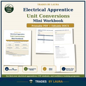 Könnte beinhalten: Ein digitales Arbeitsbuch mit dem Titel Electrical Apprentice Unit Conversions Mini Workbook von Trades by Laura. Das Dokument enthält druckbare PDF- und bearbeitbare DOCX-Dateien mit 18 Seiten Übungen, einem Mini-Quiz und einem Lösungsschlüssel.