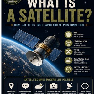 Può includere: Un'infografica educativa intitolata Science Everyone Should Know: What Is A Satellite? che mostra un satellite in orbita attorno alla Terra. Include sezioni su orbita, comunicazione, tipi, usi reali e come i satelliti rendono possibile la vita moderna.