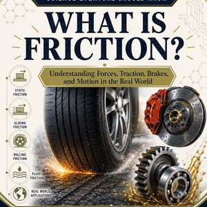 Pode incluir: Um cartaz educativo intitulado WHAT IS FRICTION? com o subtítulo Science Everyone Should Know. Apresenta um pneu de carro, um disco de travão vermelho e engrenagens metálicas. Ícones ilustram os tipos de fricção e aplicações.