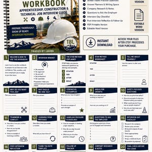 May include: A spiral-bound Skilled Trades Interview Prep Workbook featuring a white hard hat on the cover. The document includes twenty sections covering interview strategies, the STAR method, checklists, and templates for construction jobs.
