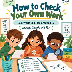 May include: An educational poster titled How to Check Your Own Work for grades 3-5. It features three children writing and reviewing papers. Text includes Self-Check List, Better Thinkers Brighter Tomorrows, and Look Closer Do Better.