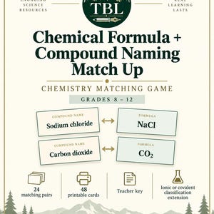 Op de afbeelding: Een chemie-matching spel genaamd Chemical Formula + Compound Naming Match Up voor groep 8-12. Het educatieve materiaal bevat 24 paren, 48 printbare kaarten, een docentensleutel en een uitbreiding voor ionische of covalente classificatie.
