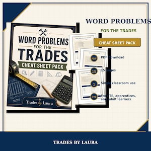 Könnte beinhalten: Eine digitale Bildungsressource mit dem Titel Word Problems for the Trades Cheat Sheet Pack von Trades by Laura. Das Bild zeigt ein Deckblatt mit Maßband, Bleistift und Taschenrechner sowie drei Dokumentenseiten, insgesamt 15 Seiten.