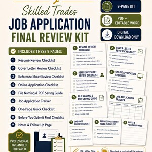 May include: A digital Skilled Trades Job Application Final Review Kit featuring a 9-page checklist system. The document includes a résumé review, cover letter review, reference sheet, online application checklist, file naming guide, and job application tracker.