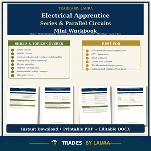May include: An educational mini workbook titled Electrical Apprentice Series & Parallel Circuits by Trades by Laura. It includes sections on skills covered, target audiences, and four sample pages showing tables and text about circuit theory.