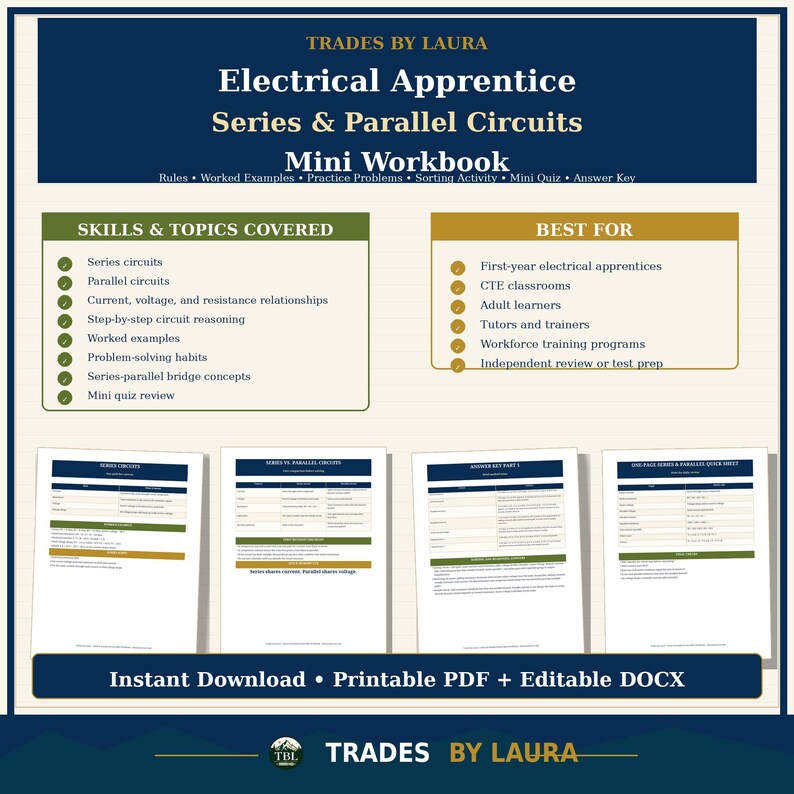 May include: An educational mini workbook titled Electrical Apprentice Series & Parallel Circuits by Trades by Laura. It includes sections on skills covered, target audiences, and four sample pages showing tables and text about circuit theory.