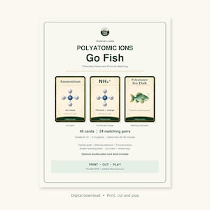 Op de afbeelding: Een printbaar Polyatomic Ions Go Fish scheikunde kaartspel met 48 kaarten en 24 bijpassende paren. De set bevat kaarten voor ionennamen, formules met ladingen en kaartruggen met een visillustratie, inclusief docentenmateriaal.