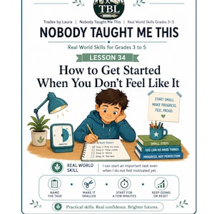 May include: An educational poster titled Nobody Taught Me This Lesson 34 How to Get Started When You Don't Feel Like It. It features an illustration of a person writing in a notebook, a desk lamp, a timer, and a stack of books with motivational text.