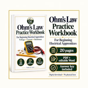 Può includere: Manuale di esercizi sulla legge di Ohm per apprendisti elettricisti principianti con un multimetro giallo, puntali rossi e neri, una matita gialla e resistenze. La copertina riporta 20 pagine, PDF, Word modificabile e chiave di risposta.