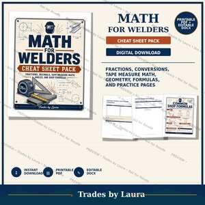 Könnte beinhalten: Ein digitales Download-Paket mit dem Titel Math for Welders Cheat Sheet Pack, das ein Deckblatt mit einem Schweißhelm, einem Maßband und geometrischen Formeln enthält. Beinhaltet druckbare PDF- und bearbeitbare DOCX-Dateien für Berechnungen.