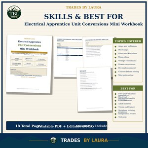 Op de afbeelding: Een mini-werkboek voor eenheidsconversies voor elektricien-leerlingen van Trades by Laura. De set bevat 18 pagina's in totaal als printbare PDF en bewerkbare DOCX, met oefenbladen, een mini-quiz en een antwoordsleutel voor de opdrachten.
