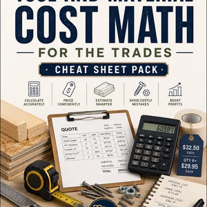 Könnte beinhalten: Ein Tool and Material Cost Math for the Trades Cheat Sheet Pack mit einem Klemmbrett, einem schwarzen Taschenrechner, einem gelben Maßband, Metallschrauben, einer Mutter, einem Notizblock mit Kostenkalkulationen und einem blauen Preisschild.