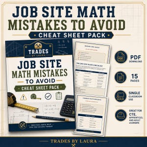 Könnte beinhalten: Ein digitales Spickzettel-Paket mit dem Titel Job Site Math Mistakes to Avoid von Trades by Laura. Das Cover zeigt ein Maßband, einen Taschenrechner und einen Bleistift auf einem Bauplan. Enthält 15 PDF-Seiten für den Unterricht.