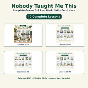 Peut inclure: Un ensemble de programmes intitulé Nobody Taught Me This, comprenant 40 leçons complètes pour les niveaux 3 à 5. L'image présente quatre sections distinctes intitulées Lessons 1-10, 11-20, 21-30 et 31-40, avec fichiers PDF et DOCX.