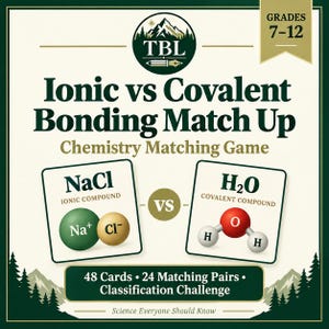 Op de afbeelding: Een educatief scheikunde-zoekspel genaamd Ionic vs Covalent Bonding Match Up voor groep 7-12. De set bevat 48 kaarten en 24 bijpassende paren, met illustraties van NaCl- en H2O-moleculen en hun respectievelijke chemische classificaties.