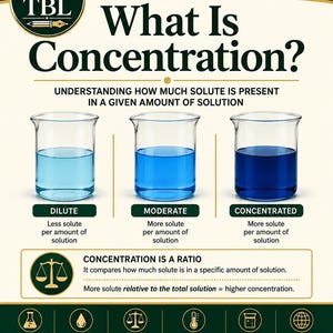 Puede incluir: Un póster educativo titulado What Is Concentration? que muestra tres vasos de precipitados de vidrio con líquido azul de distinta intensidad etiquetados como Dilute, Moderate y Concentrated. Incluye texto que explica la concentración como una proporción.