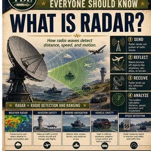 May include: An educational poster titled Science Everyone Should Know: What Is Radar? featuring a large satellite dish emitting green radio waves toward an airplane, ship, and car. It includes diagrams explaining radar functions and applications.