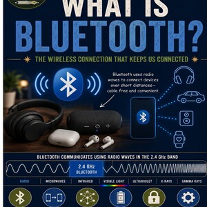 Può includere: Un'infografica educativa intitolata Science Everyone Should Know: What Is Bluetooth? Il poster spiega la tecnologia Bluetooth tramite onde radio nella banda a 2,4 GHz, con icone di cuffie, auto, altoparlanti e smartwatch su uno sfondo scuro.
