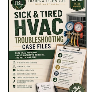 May include: An educational document titled Sick & Tired HVAC Troubleshooting Case Files by Trades & Technical Writing by Laura. It features a manifold gauge set, a clipboard with a troubleshooting framework, and a notepad with the text Facts Lead to Answers.