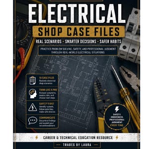 May include: A book cover titled Sick & Tired Electrical Shop Case Files, featuring a blueprint background with a multimeter, circuit breaker, wire strippers, and a screwdriver. The text highlights real scenarios, safety, and professional judgment.