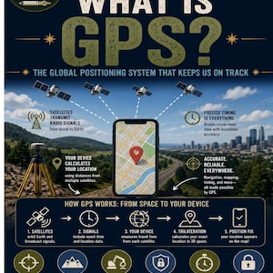 Può includere: Un'infografica educativa intitolata Science Everyone Should Know: What Is GPS? The Global Positioning System That Keeps Us On Track. Presenta uno smartphone che mostra una mappa, diagrammi satellitari e una guida sul funzionamento del GPS.