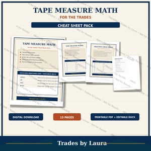Könnte beinhalten: Ein digitales Cheat-Sheet-Paket mit dem Titel Tape Measure Math for the Trades, bestehend aus 15 Seiten als druckbare PDF- und bearbeitbare DOCX-Dateien. Die Seiten enthalten Bruchrechentabellen, Erklärungen zu Maßbandmarkierungen und Übungsblätter.