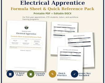 Hoja de fórmulas para aprendices de electricista / Paquete de referencia rápida de teoría de corriente continua, PDF imprimible, DOCX editable